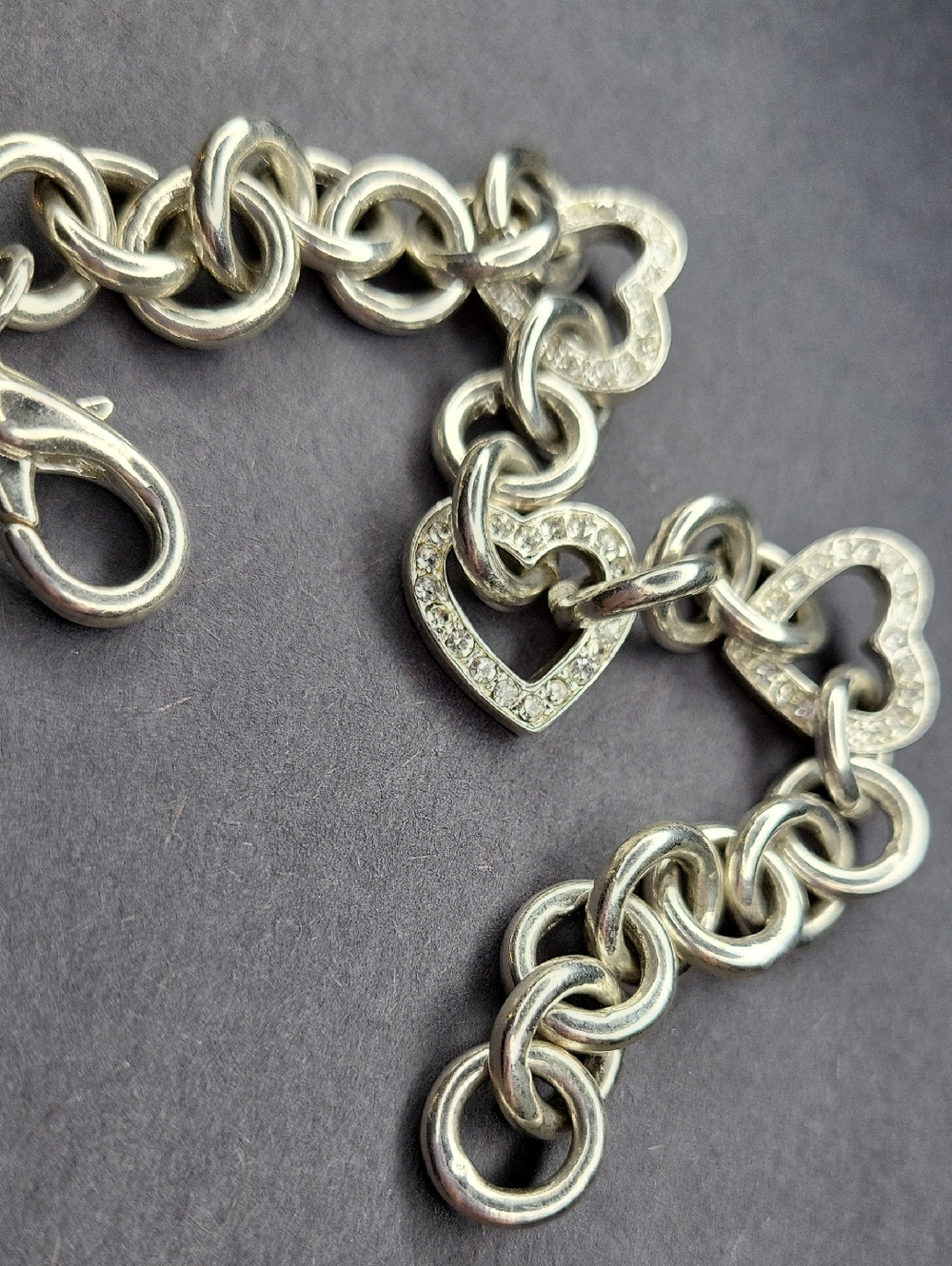 Silver Heart Charm Link Bracelet with Crystal Accents